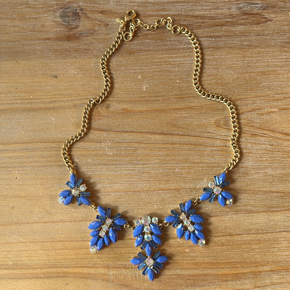 J.Crew Blue Statement Necklace Rhinestone Floral Bib Gold Tone Crystal Cluster